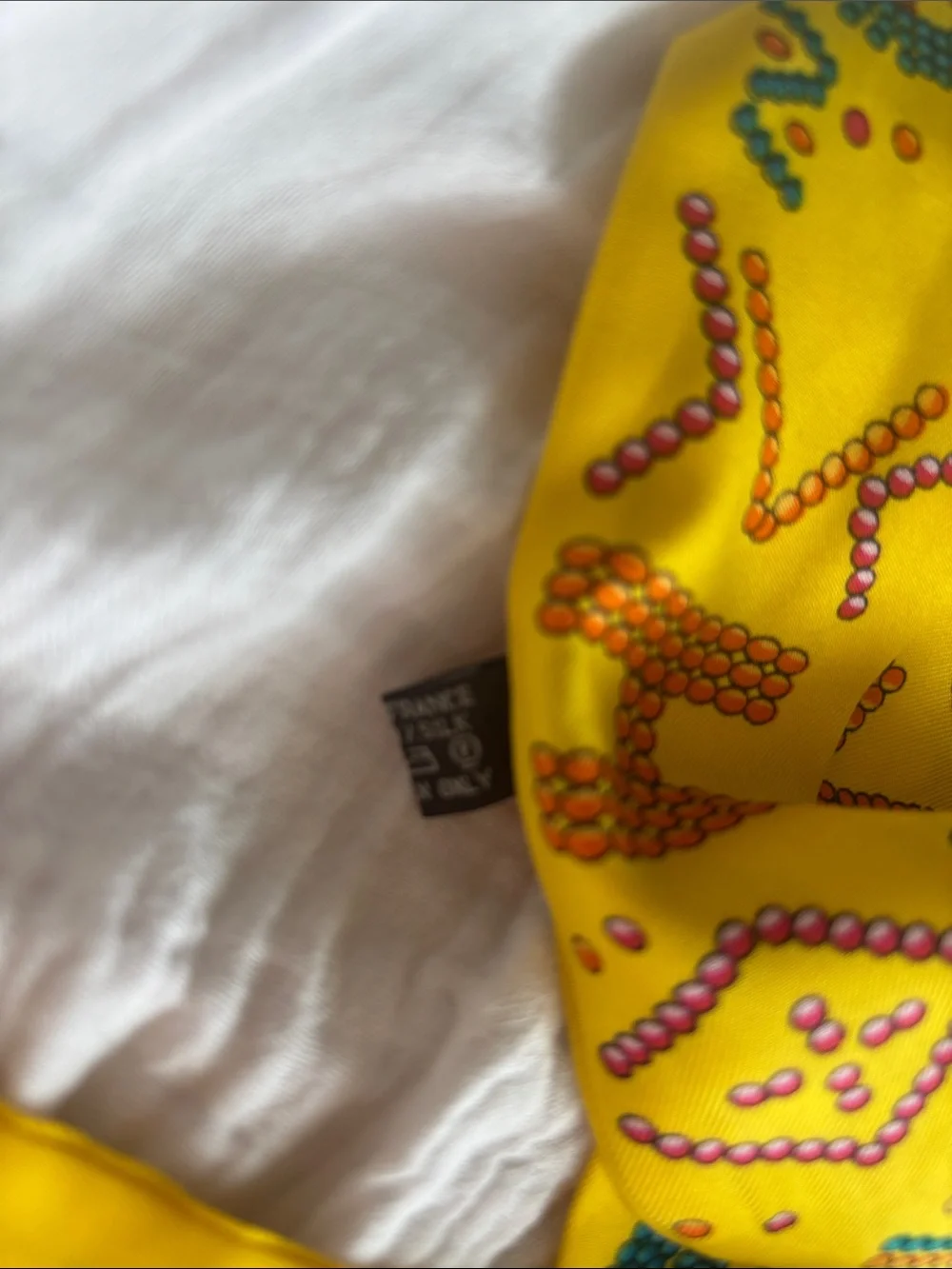 Hermes Yellow Silk Patterned Twilly Scarf with Pink and Teal Accents